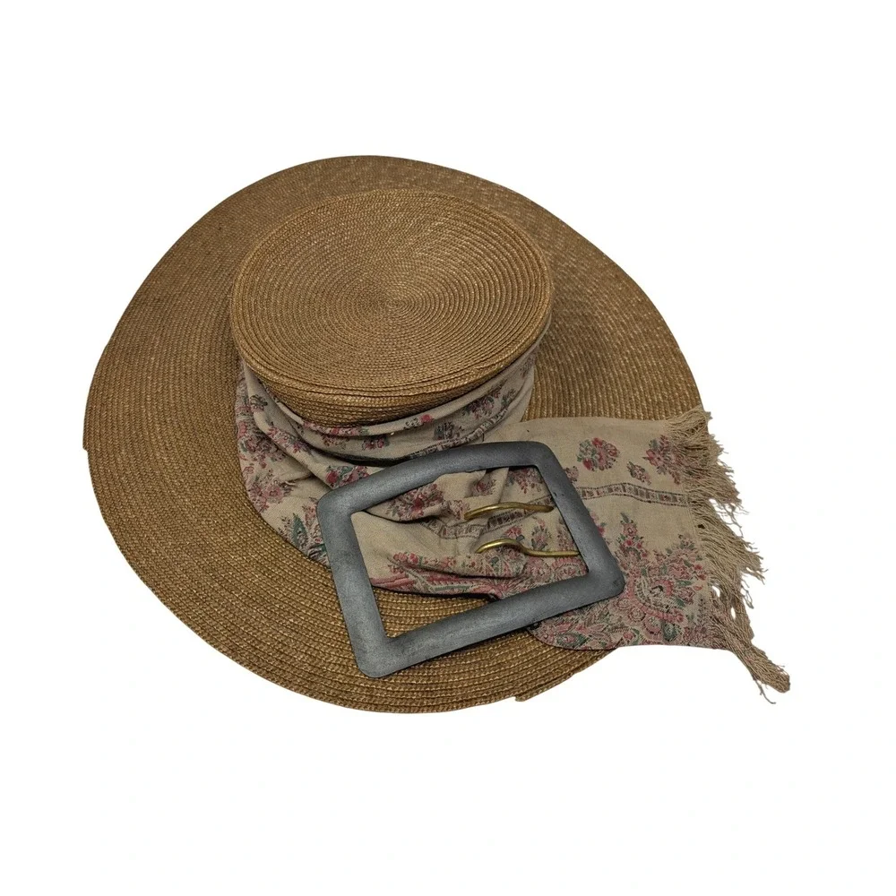Vintage Wide Brim Straw Sun Hat Floral‎ Scarf Large Buckle Detail Summer Beach